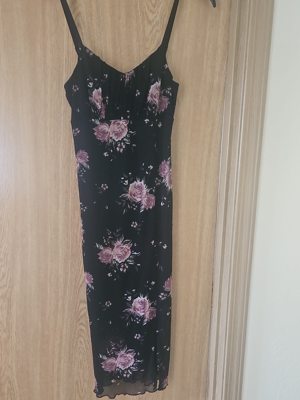 AUW Black Midi Slip Dress with Mauve Rose Print